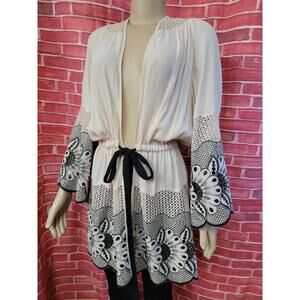 liberty garden Kimono cover up cardigan cream Embroidered Size L #C
